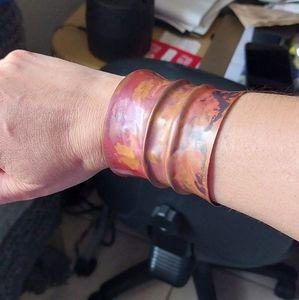 Foldformed flamed wide copper cuff.
